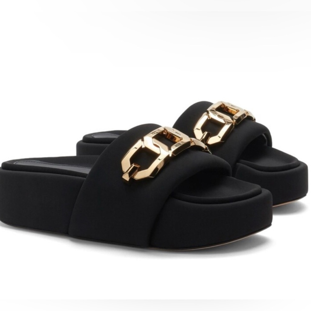 Sz 12 Good American Black and Gold Chain Slide Sandals - Picture 3 of 16